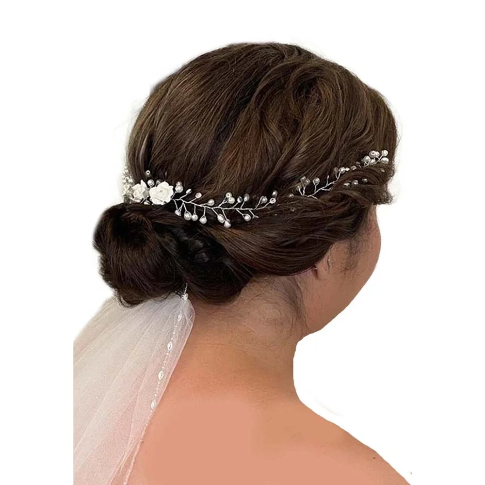 Bridal Pearls Flowers Crystals Hair Comb White Wedding Hairband Accessory